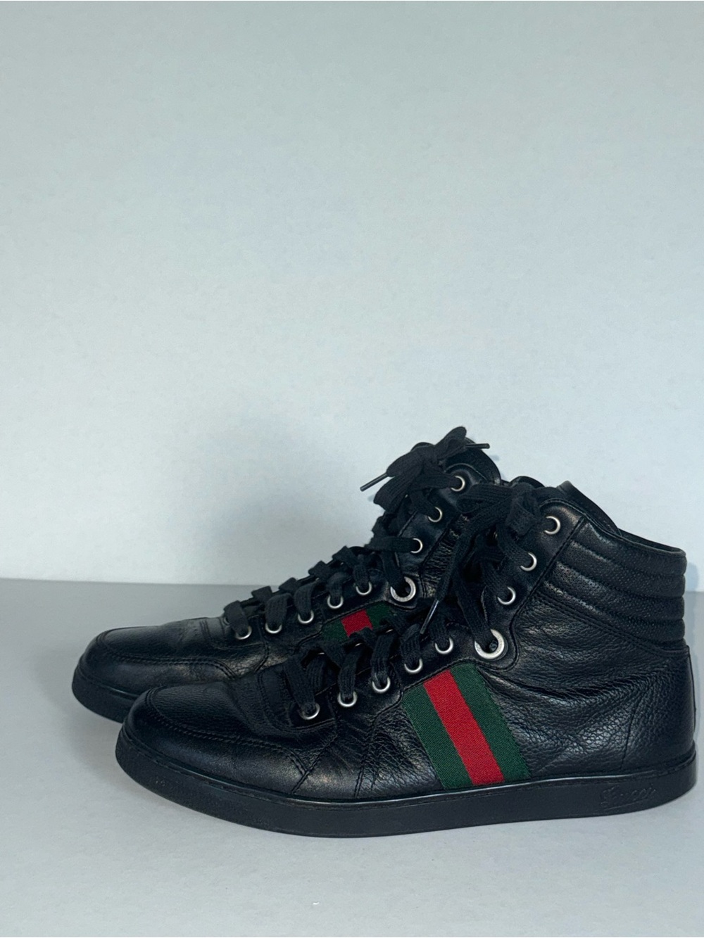 Gucci Black Leather Web High Top Sneakers